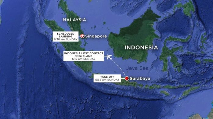 Map shows the Flight path of Air Asia 8501