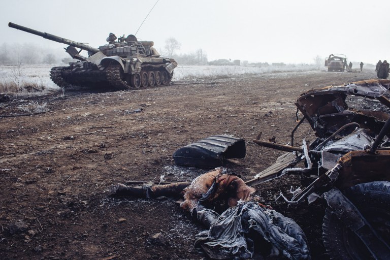 Destroyed Ukraine military hardware and the bodies of slain soldiers near Debaltseve. February, 2015. 