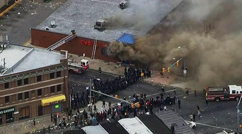Fires in Baltimore, Maryland following the funeral  of Freddie Gray .