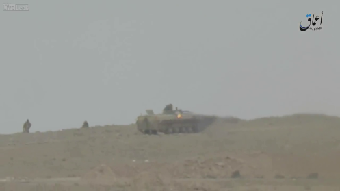 Still from an ISIS video shot on March 27th, the destruction of a Syrian Army tank with a rocket in the vicinity of Palmyra. (Source)