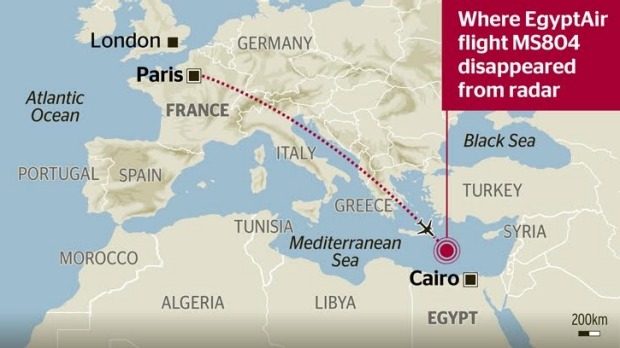 Graphic shows the flight path of the missing Egypt Air jet.