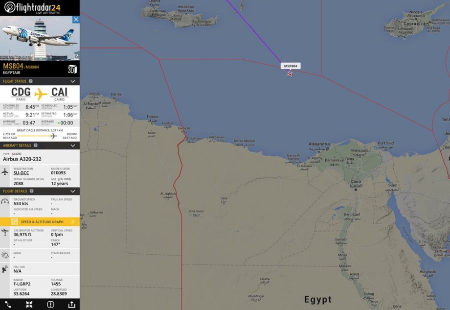 Image from Flight Radar 24 purpots to show the spot where the Egytp Air flight stopped transmitting it's position, according to them the plane had just crossed into Egyptian Airspace when this occurred. (Red line delineates this boundary.)