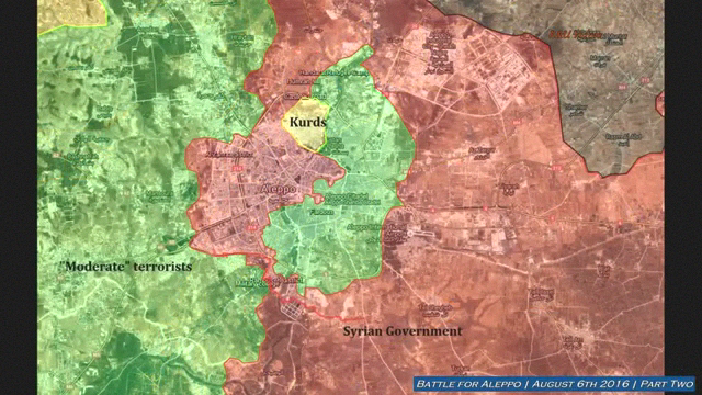 Before and after maps show where the insugrents broke through the Syrian positions form both inside and outside the Aleppo pocket. 
