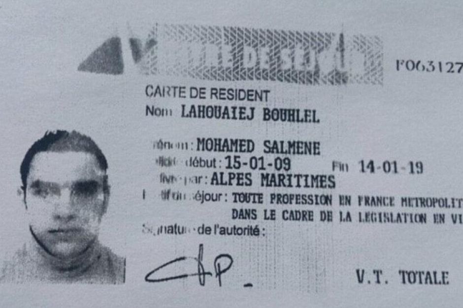 This is Mohamed Bouhlel's Temproary French residency identification, helpfully left in the cab of the truck as has been the custom when framing patsies thriguhout the war on error, from 911, to Charlie Hebdo, Friday the 13th and may others. 