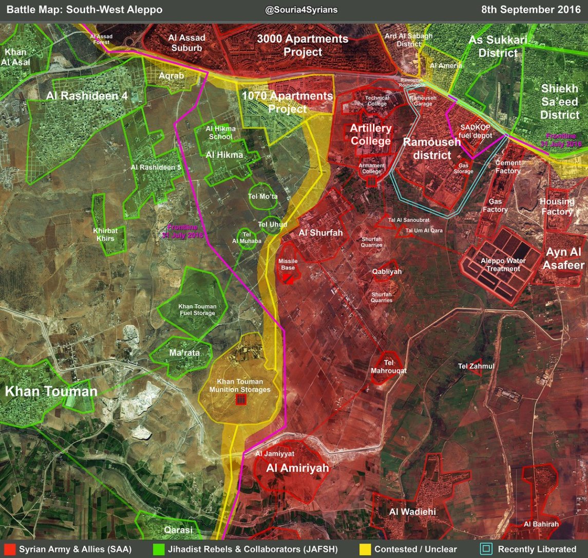 Map shows the re-encirclement of east Aleppo with the SAA seizure of the entire Ramouseh district. , the Ramouseh-Khan Touman road was never really functional as a supply line as it fell within the range of the Syrian artillery. Now it is physically cut.