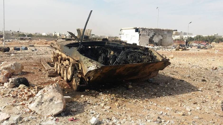 Destroyed insurgent APC in Minyan, West Aleppo following the failed insurgent offensive. 