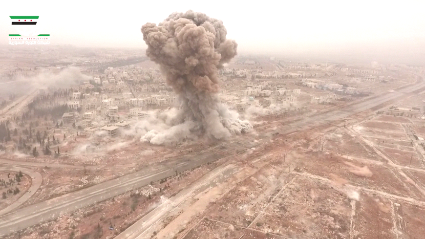 Drone view of massive insurgent car bomb at the start of the failed late October offensive on West Aleppo city.